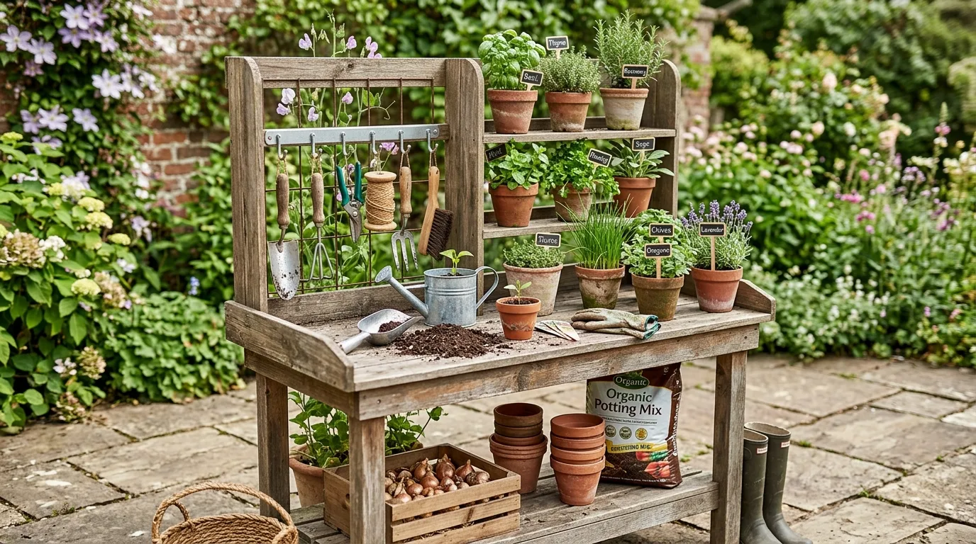 Compact Potting Bench With Tiered Shelves